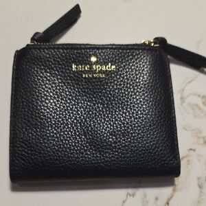 Kate Spade Black Pebbled Leather Zip Wallet with Gold Logo